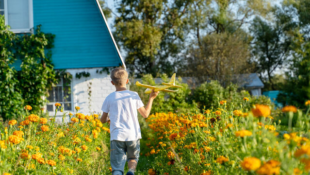 Child holds toy plane, stands amid bright orange flowers