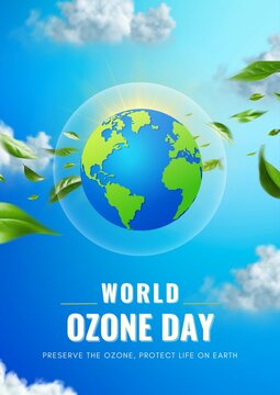 World Ozone Day concept with globe and leaves against a bright blue sky