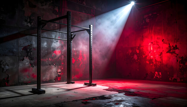 Empty squat rack silhouette showing tense anticipation mood wide horizontal photograph sports fitness training generative AI