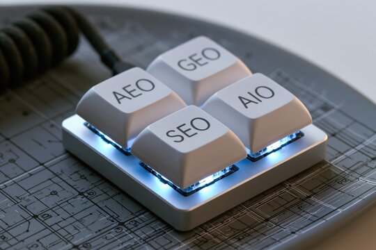 Macro shot of a mechanical keyboard keypad featuring SEO, AEO, GEO, and AIO labels. Digital marketing strategy concept for business growth.