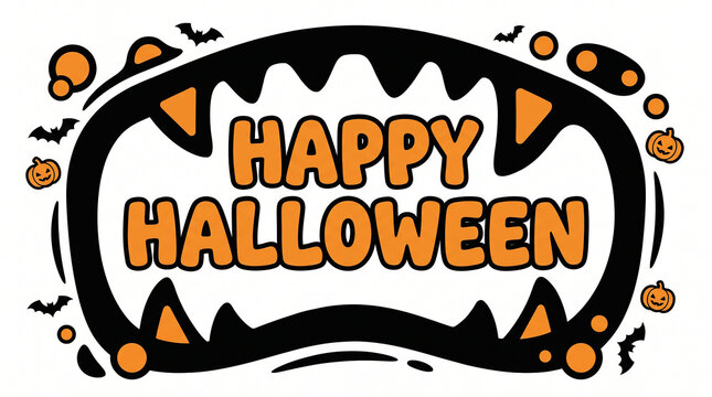 Happy Halloween phrase within sharp-toothed monster jaws and surrounding bats and pumpkins.
