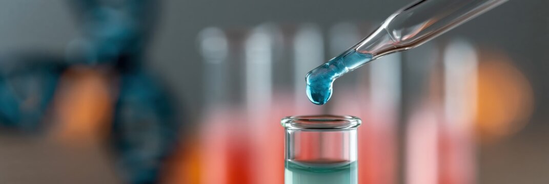 Pipette releasing a blue drop into a test tube with blurred lab equipment and dna background for medical research background and laboratory poster design