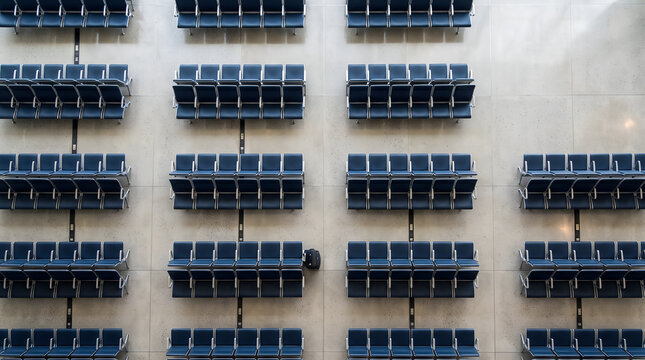 Aerial view of empty airport terminal seating rows in a modern transit lounge hall