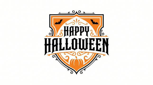 Happy Halloween shield emblem with bats and pumpkin for festive holiday designs.