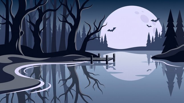 Dark forest night landscape with full moon reflecting in lake, spooky trees, and flying bats for Halloween theme.