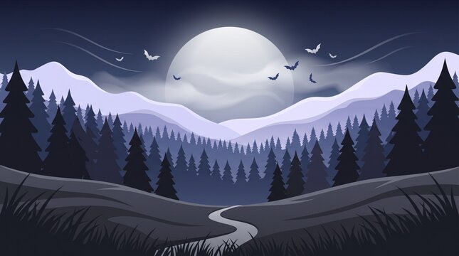 Forest landscape with full moon and bats flying in dark cloudy sky, spooky night scene with tall pine trees and winding path.
