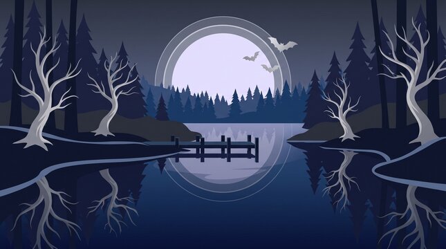Halloween night landscape with full moon, spooky bare trees, lake reflection, and bats flying over dark forest.