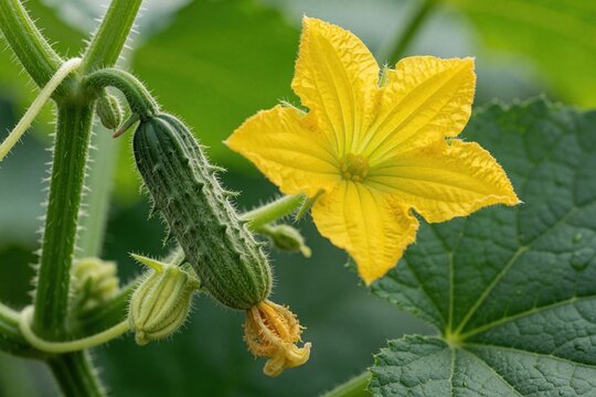 Young cucumber grows on vine next to bright yellow flower. Green fruit develops on plant stem near blooming blossom. Healthy produce forms in garden, ready for harvest soon.