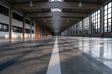 Fototapeta premium Long empty industrial hall with central white lane and large windows for commercial background and exhibition space banner