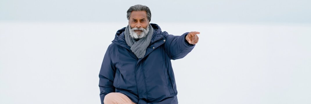Mature man in navy winter coat pointing forward on a flat snowy landscape for banner and background with confident outdoor portrait