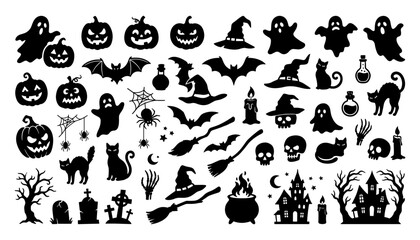 Obraz premium Halloween Silhouette Collection Featuring Jack O Lanterns, Bats, Ghosts, Witches, Cats, Skulls, Haunted Houses, Trees, and Spooky Decorations
