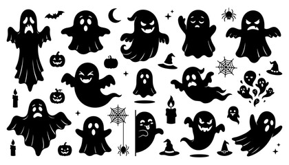 Obraz premium halloween, ghost, spooky, haunted, creepy, silhouette, spirits, pumpkin, bats, witch, candle, moon, horror, scary, supernatural, paranormal, night, occult, monster, costume, decoration, holiday, cemet