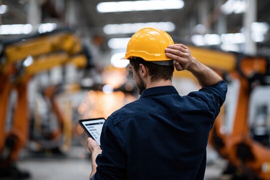 Industrial engineer with yellow hard hat using a tablet in automated factory background for industrial inspection banner and safety monitoring design
