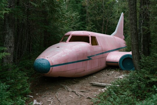 Pink vintage airplane cockpit fuselage stranded on forest trail among firs and roots for whimsical abandoned background poster banner wallpaper