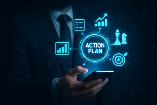 Action plan concept with illuminated icons and a person holding a smartphone blue toned