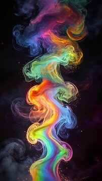 Colorful swirling smoke plumes rising against black background. Vertical tilt down shot.