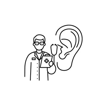 Simple Line Icon of Otolaryngologist With Ear Showing Inner Ear Infection