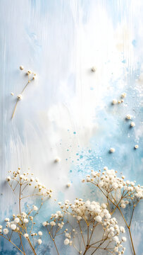 Scattered dried baby breath resting on a pastel background creating a delicate mood generative AI