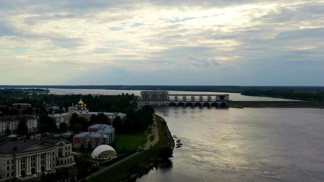 Uglich, Russia. Uglich hydroelectric power station on the Volga river in the Yaroslavl region. Part of the Volga-Kama cascade of hydroelectric power plants. Drone footage