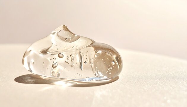 Clear transparent gel blob on warm beige surface with hard shadow, concept for aloe vera gel and hyaluronic acid serum advertising