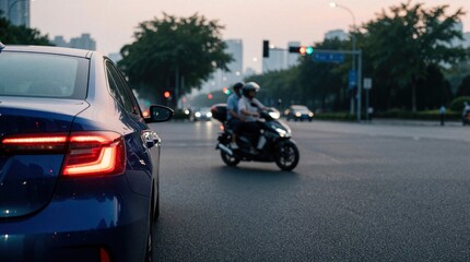 Fototapeta premium Blue car with illuminated brake light sits in city traffic. A motorcycle with two riders passes through the intersection under a soft twilight sky.