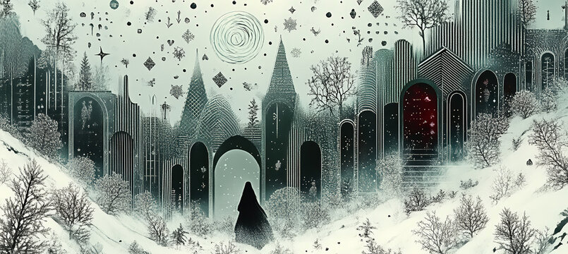 Gothic Winter Forest with Tall Trees, Misty Snow, Dark Cathedral Shapes, Red Door and Mysterious Fantasy Atmosphere