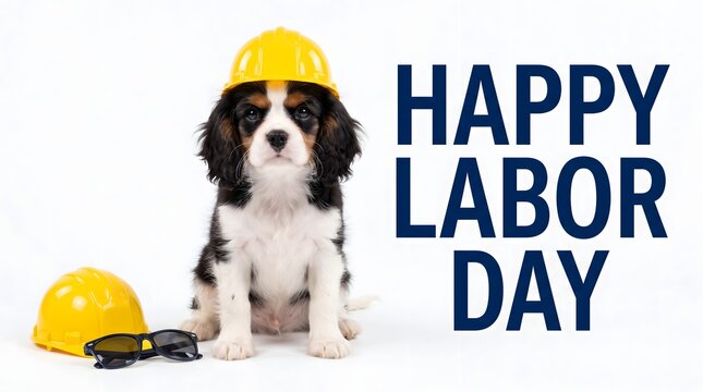 Cute Spaniel Puppy Wearing Yellow Hard Hat with Happy Labor Day Text on White Background, Construction Safety Helmet Concept