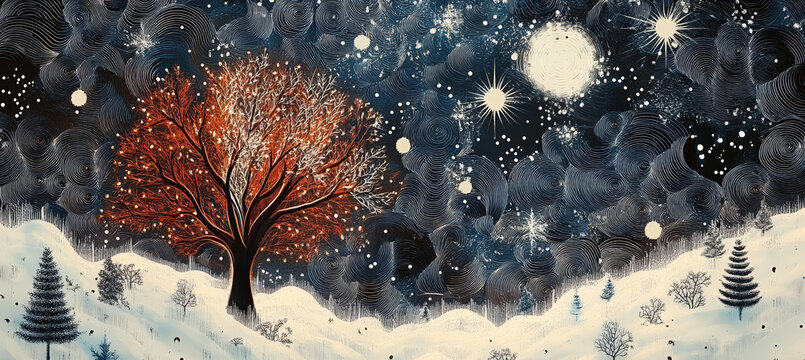 Magical Winter Forest with Glowing Stars, Red Autumn Tree, Snow Covered Mountains and Mystical Night Sky
