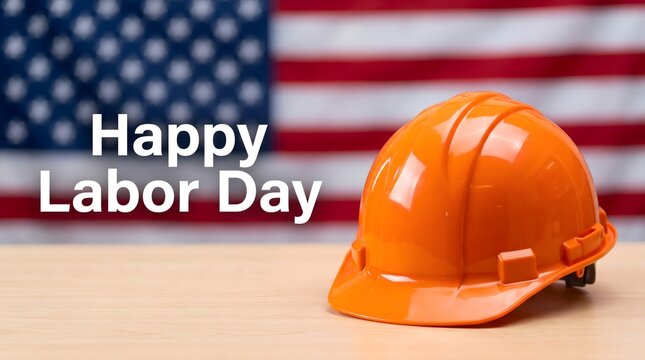 Happy Labor Day Text with Orange Hard Hat on Wooden Table and American Flag Background, Construction Worker Holiday Concept