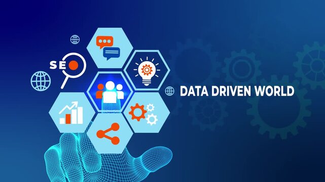Data Driven World Animation with Big Data, AI, Analytics, Digital Technology and Smart Business Innovation. Data Driven World Concept with Artificial Intelligence, Data Analytics, IoT, Digital Transfo