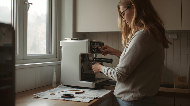 Woman replacing rubber seal inside opened espresso machine on bright kitchen counter generative AI
