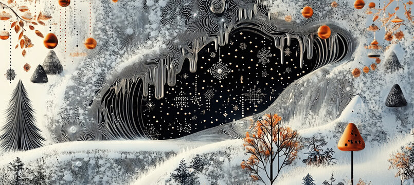 Dark Mountain Landscape with Snow Covered Forest, Red Autumn Trees, Floating Shapes and Dramatic Winter Fantasy Atmosphere