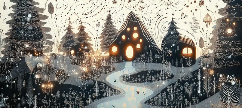 Enchanted Snowy Village with Glowing Wooden Houses, Pine Trees, Winding Path and Magical Winter Wonderland Atmosphere