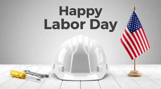 Happy Labor Day Text with White Hard Hat, Tools and American Flag on Wooden Table, Construction Worker Holiday Concept