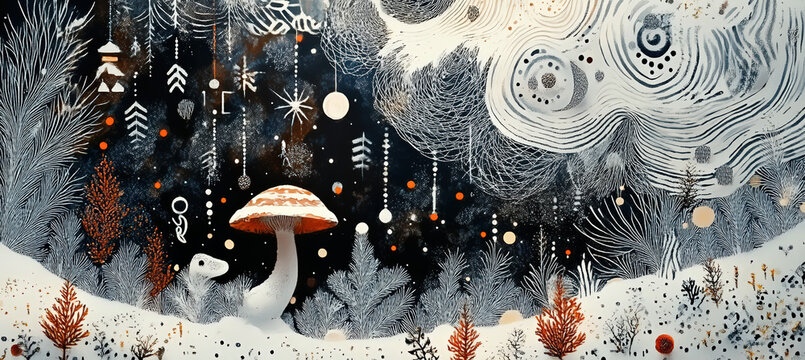 Surreal Mushroom Forest with Glowing Red Mushrooms, Snow Covered Ground, Dark Trees and Enchanted Fantasy Atmosphere