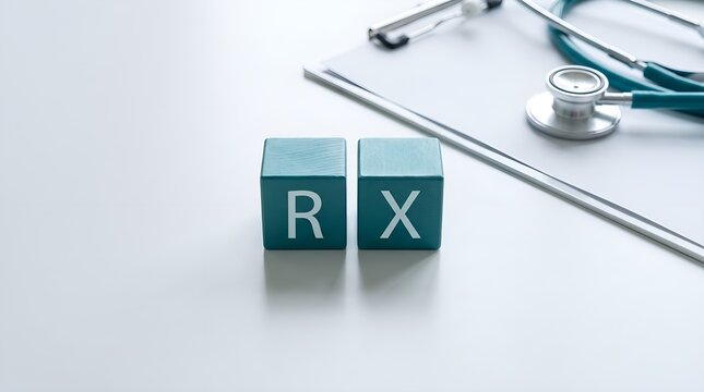 Teal wooden blocks spelling RX placed on a bright white doctor desk with a clipboard and stethoscope in soft focus.
