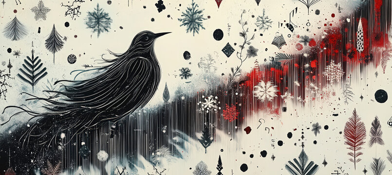Black Raven in Snowy Forest with Red Autumn Foliage, Floating Shapes, Pine Trees and Mysterious Winter Landscape