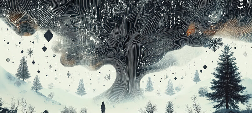 Black Raven Flying Through Enchanted Snowy Forest with Red Leaves, Floating Shapes and Dark Mystical Fantasy Atmosphere