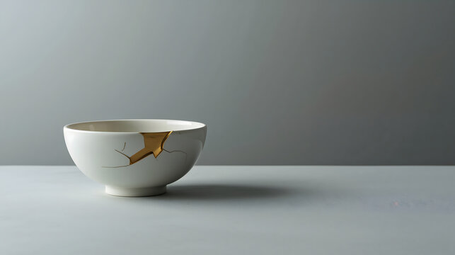 Repaired white ceramic bowl with golden seam standing on grey table in calm light generative AI