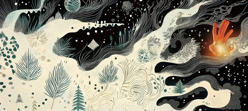Surreal Black Dragon or Serpent Emerging from Dark Forest Waves with Glowing Light, Snow and Fantasy Elements