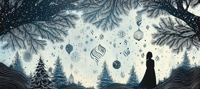 Lone Figure in Enchanted Snowy Forest Surrounded by Pine Branches, Falling Snow, Floating Shapes and Mystical Winter Atmosphere