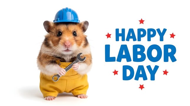 Cute Hamster Wearing Blue Hard Hat and Holding Wrench with Happy Labor Day Text on White Background, Funny Worker Concept