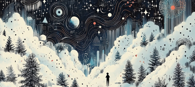 Dreamlike Snowy Mountain Valley with Lone Traveler, Pine Forest, Floating Shapes and Mystical Winter Night Atmosphere
