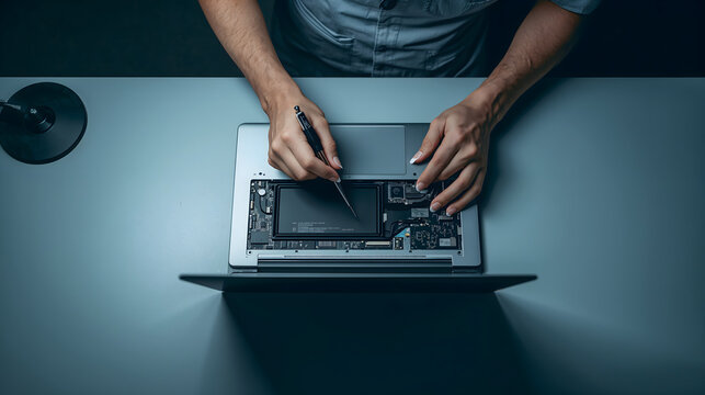 Technician replacing swollen battery in opened laptop at clean workbench with precise focus generative AI