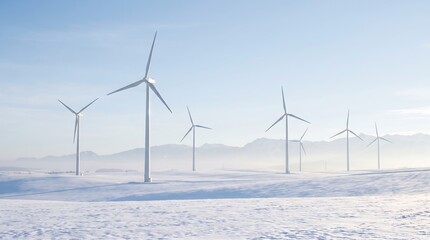 Fototapeta premium Modern wind turbines standing tall in a vast snow-covered winter landscape symbolizing sustainable and clean energy generation in cold conditions wind turbine renewable energy green energy