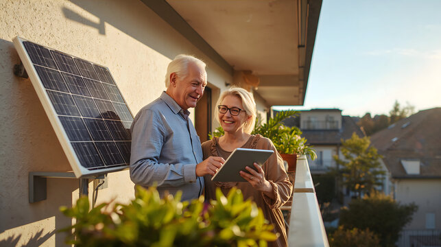 Senior couple on balcony viewing energy app on tablet beside mounted solar panels generative AI