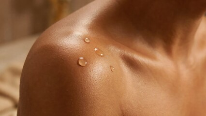 Naklejka premium Sun-kissed glowing skin with water droplets, close up of female shoulder and collarbone, luxury spa and skincare concept