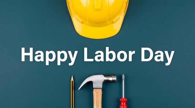 Happy Labor Day Text with Yellow Hard Hat and Hand Tools on Dark Teal Background, Construction Worker Holiday Concept