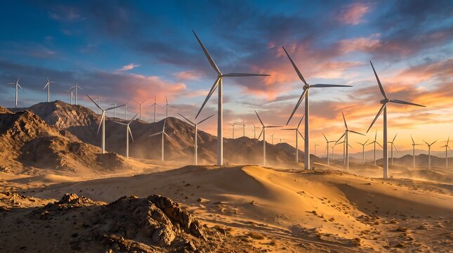 Wind turbines on desert hills during a sunset with wind turbine wind farm renewable energy power generation green energy eco friendly energy production alternative energy clean energy