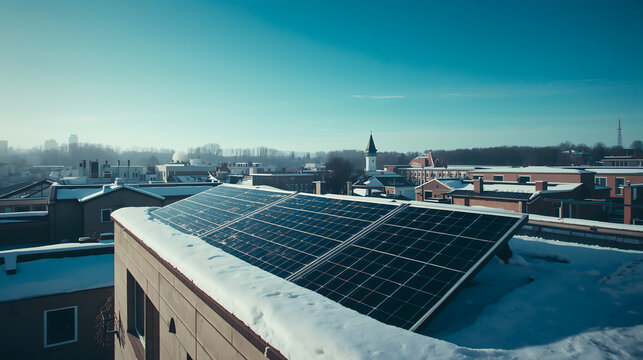 Solar panel on apartment balcony covered with thin snow above winter city rooftops generative AI